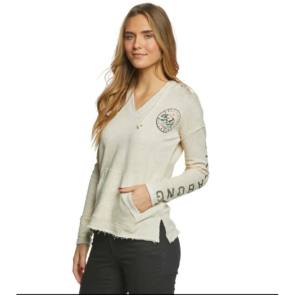 Billabong Cali Love Hoodie Womens Medium Oatmeal Graphic Raw Hem Surf - Picture 2 of 12